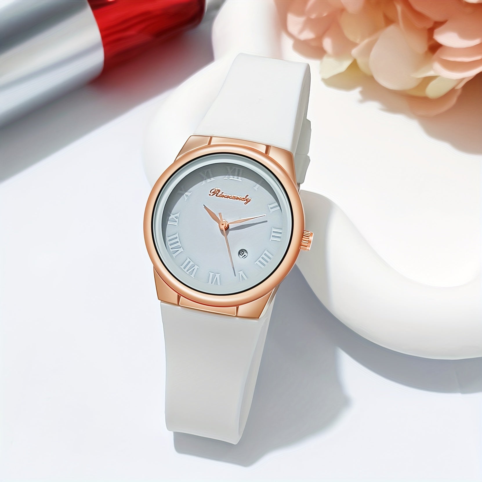 Women Quartz Watch with Silicone Band and Analog Calendar