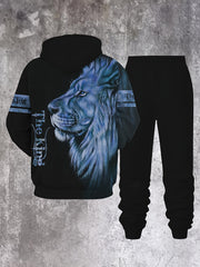 Men's Lion King Hoodie and Jogger Set Casual Polyester Loungewear with Lion Design