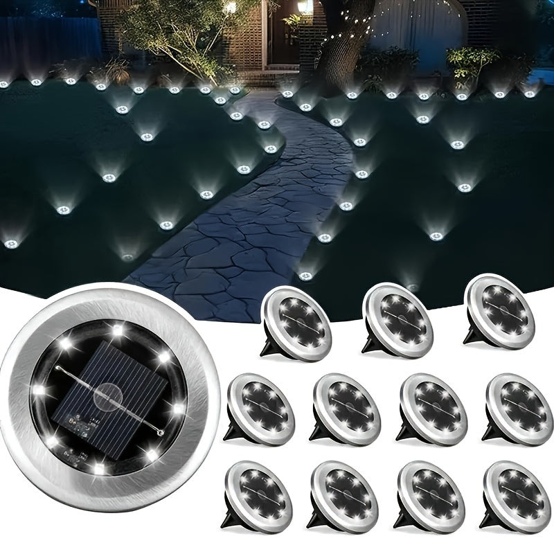 8PCS Luces solares de suelo para exteriores, luces de camino para césped, jardín, resistentes al agua, acero inoxidable, 8LED
