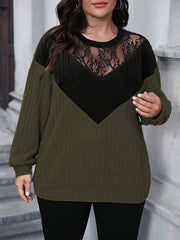 Plus Size Contrast Lace Color Block Sweatshirt Womens Long Sleeve Crew Neck Pullover