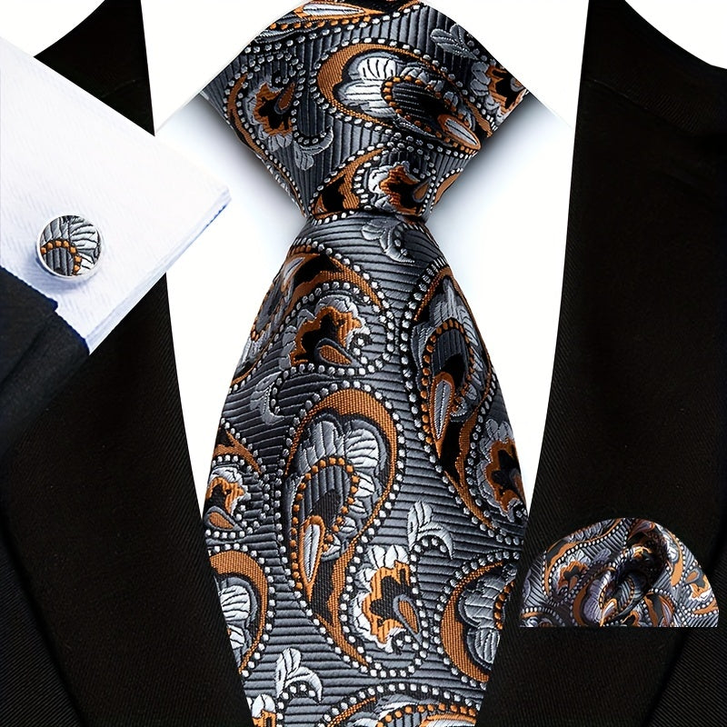 Men's Three-Piece Suit Set with Paisley Tie Pocket Towel and Cufflinks