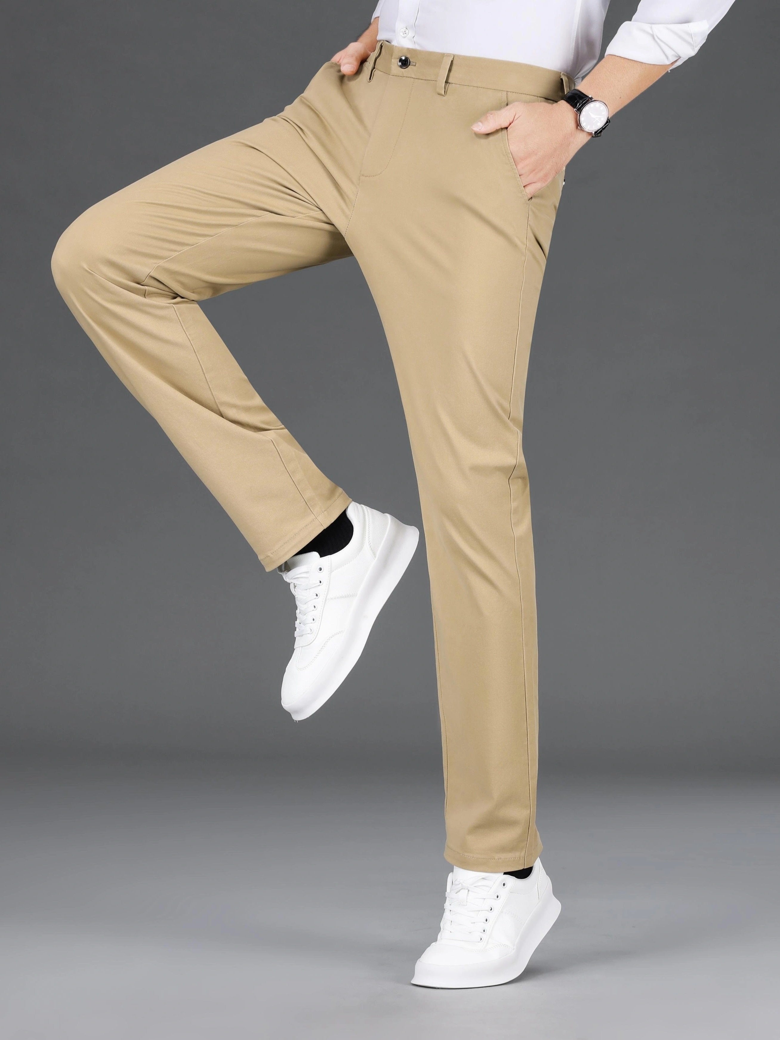 Pantalones de corte ajustado para hombre, mezcla de algodón, color sólido, microelástico, para negocios informales, de temporada completa