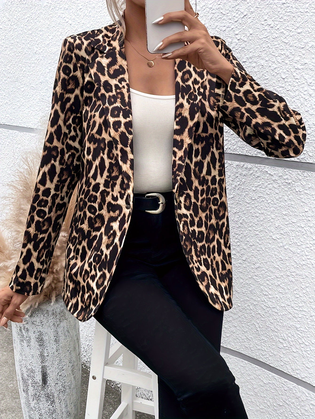 Women's Leopard Print Blazer Long Sleeve Button Front Office Casual Elegant Polyester