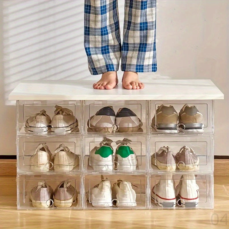 6 ta shaffof oq plastmassa poyabzal saqlash qutilari to'plami, flip-top yopilishi bilan