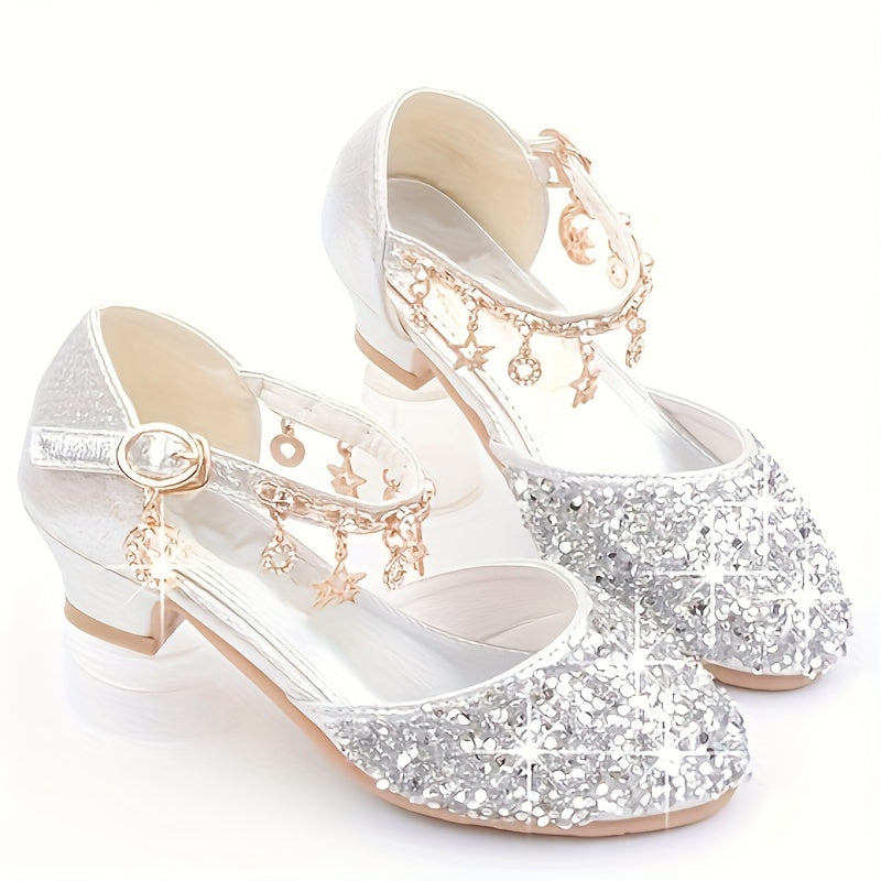 Girls High Heels Sparkling Glitter Sequin Rhinestone Star Dress Shoes for Weddings Performances