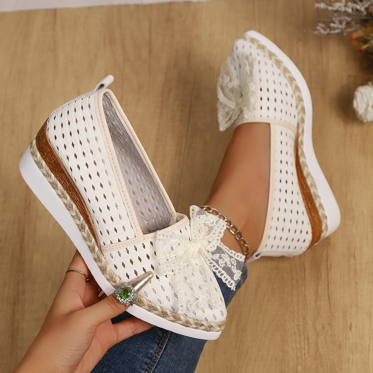 Women's White Lace-Up Wedge Loafers with Bow Pointed Toe All-Season Comfort