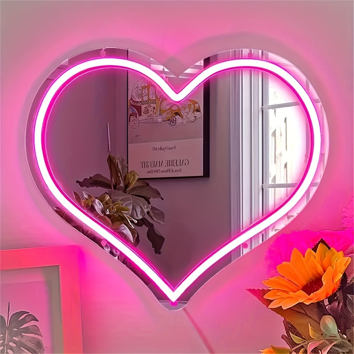 Pink Heart Neon Wall Decor USB-Powered Mirror with Switch Control
