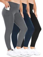 Women's High-Waisted 7/8 Leggings Pack Yoga Pants with Pockets Black Gray Navy