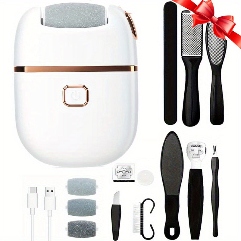 Set de 11 piezas de grinder eléctrico recargable para pies con 3 cabezales reemplazables para exfoliar piel seca y agrietada