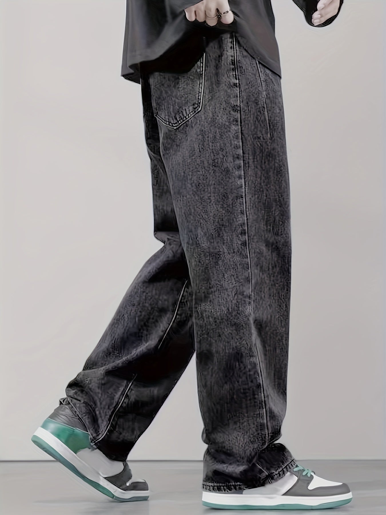 Men's Black Washed Denim Pants Loose Fit All-Season Casual with Fold Design