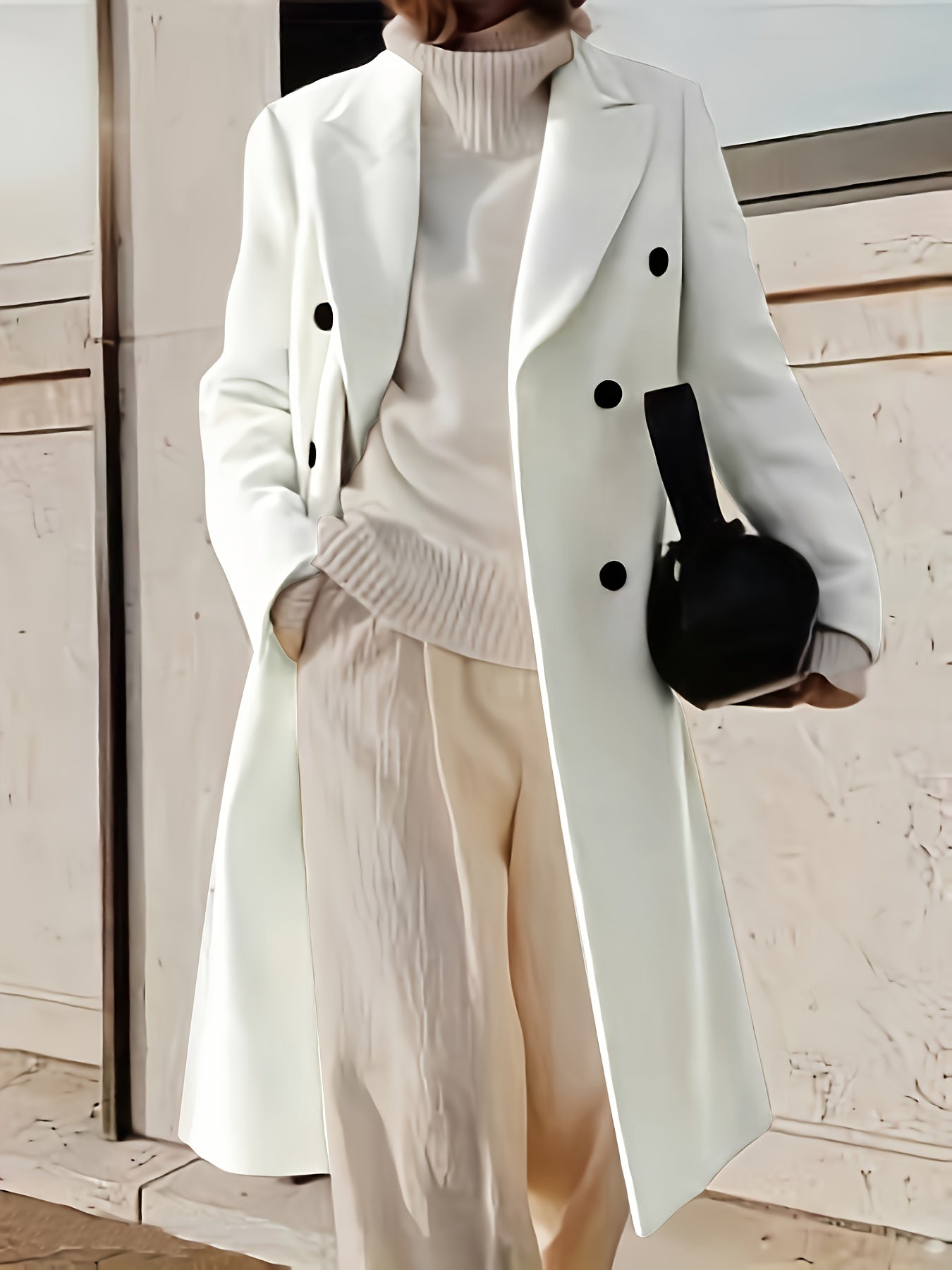 Women's Double Breasted Woven Polyester Overcoat for Fall Winter Solid Color Elegant