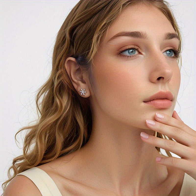 Sterling Silver Snowflake Stud Earrings with Synthetic Zirconia for Women