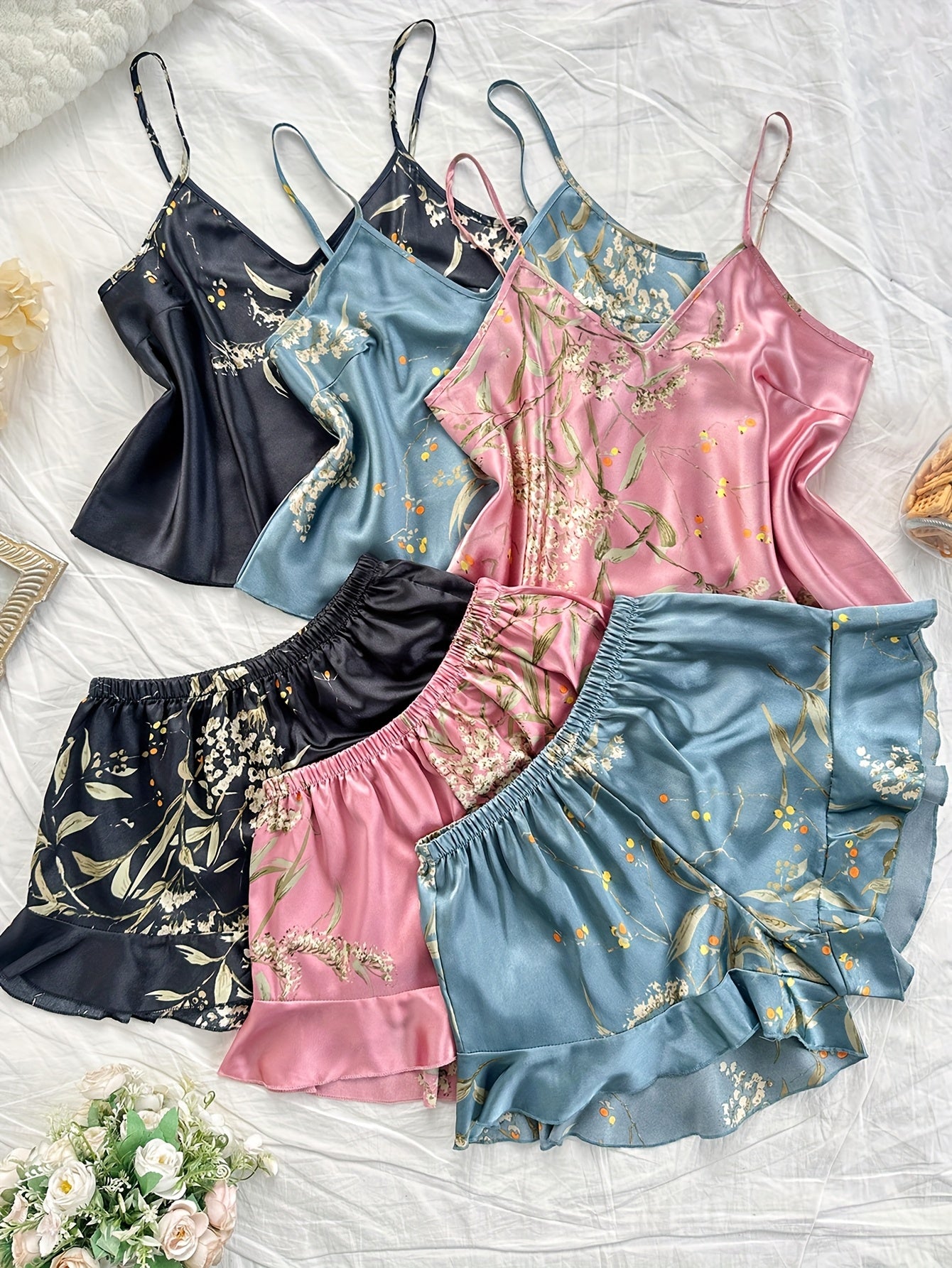 Women's Plus Size Pajama Set Polyester Blend Cami Tops Ruffle Shorts All-Season