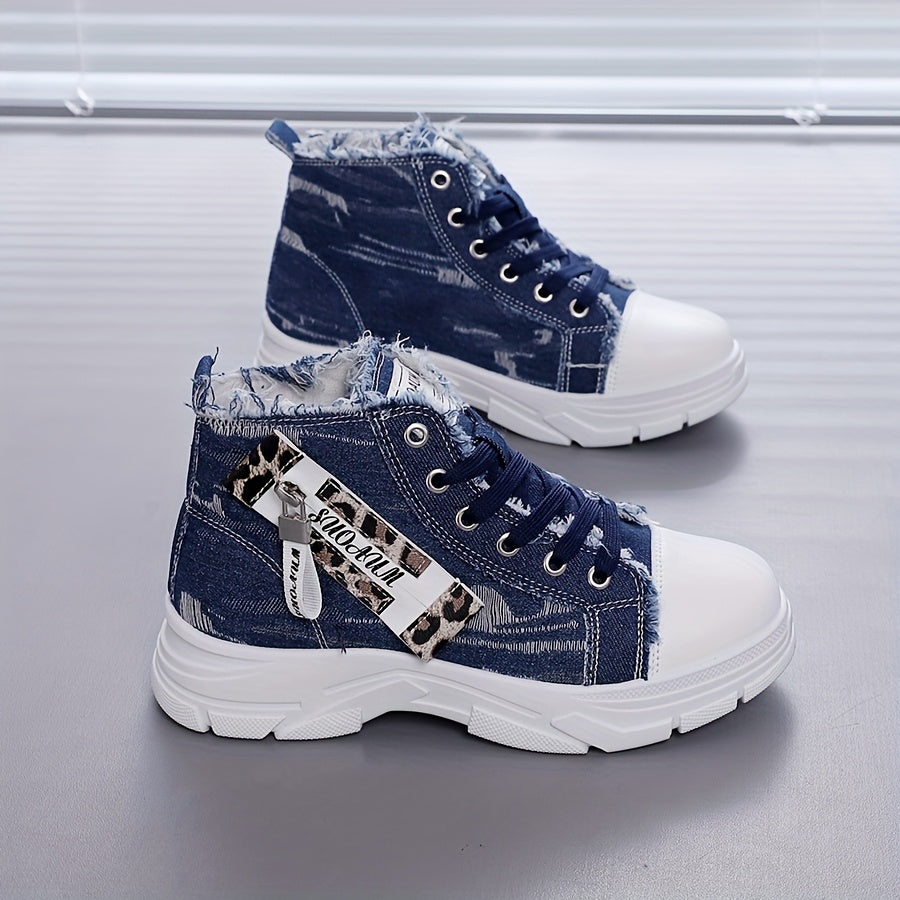 Ayollar uchun Chunky Sole yuqori cho‘ntakli sport poyafzali Leopard print qirqilgan bo‘lak