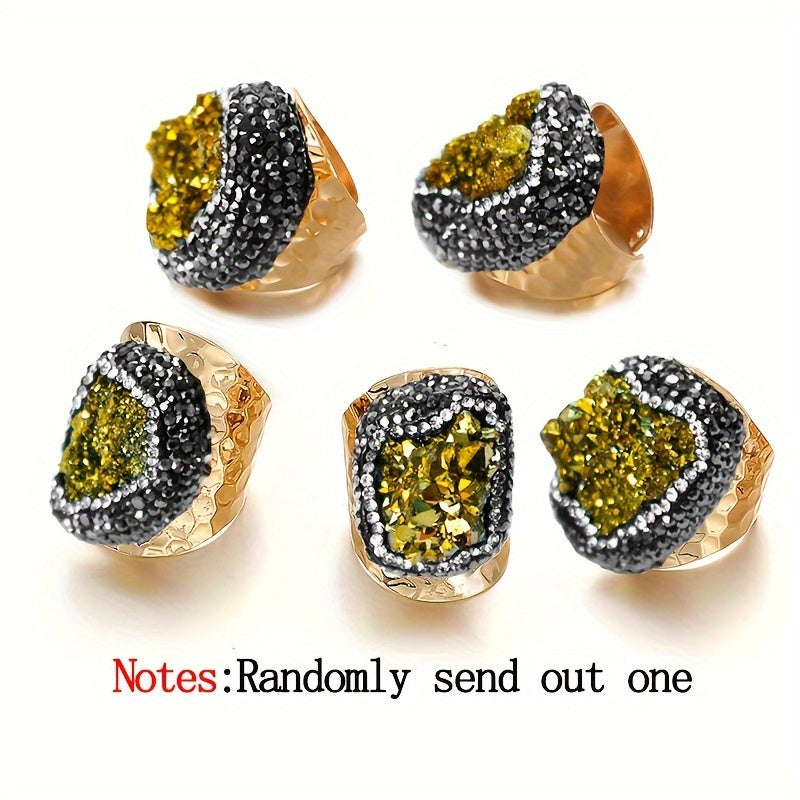 Women’s Irregular Natural Crystal Cluster Cuff Ring Alloy 18K Gold Plated Raw Stone Jewelry