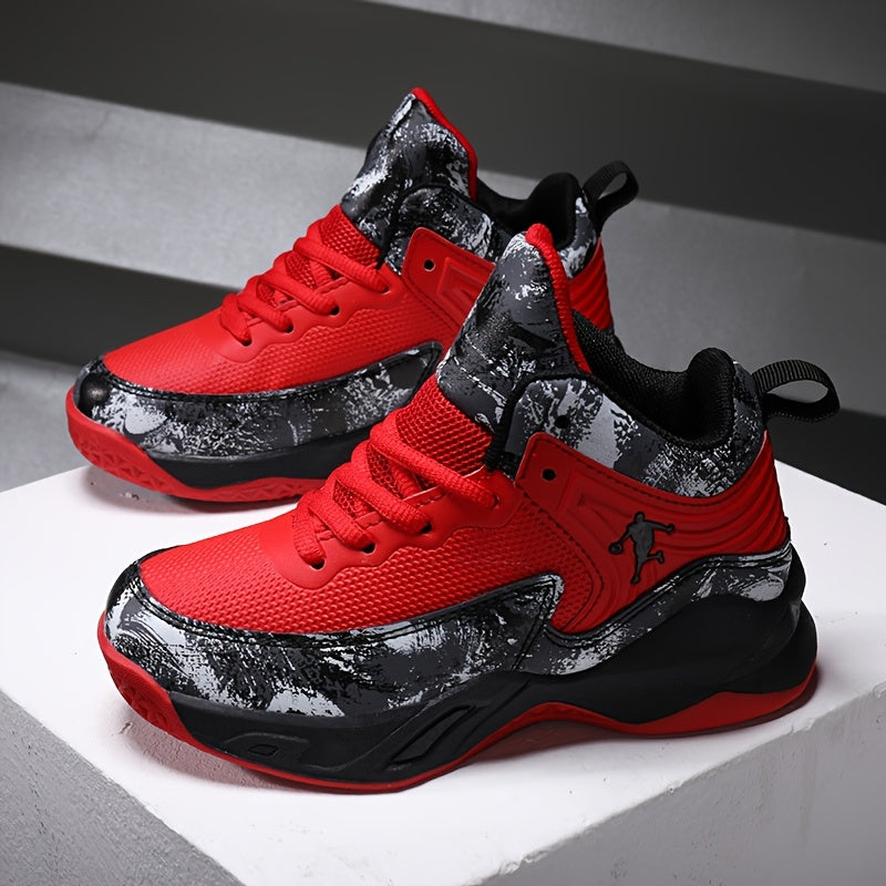 Youth Mid-Top Basketball Sneakers with Splatter Paint Design Durable PU Breathable Fabric Casual Outdoor Training