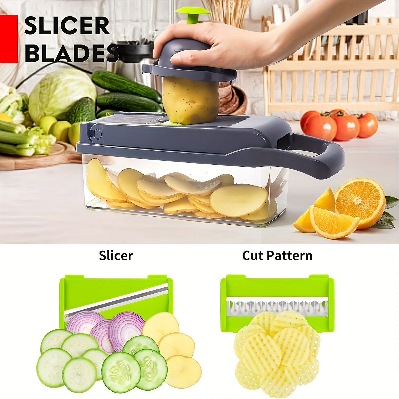 13-in-1 Vegetable Chopper and Fruit Slicer Kit with 8 Blades and Container