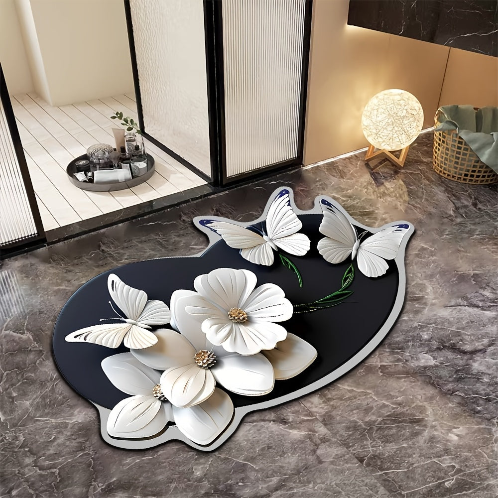 3D Flower Butterfly Pattern Non-Slip Bathroom Rug Water-Absorbent Quick-Drying Oval