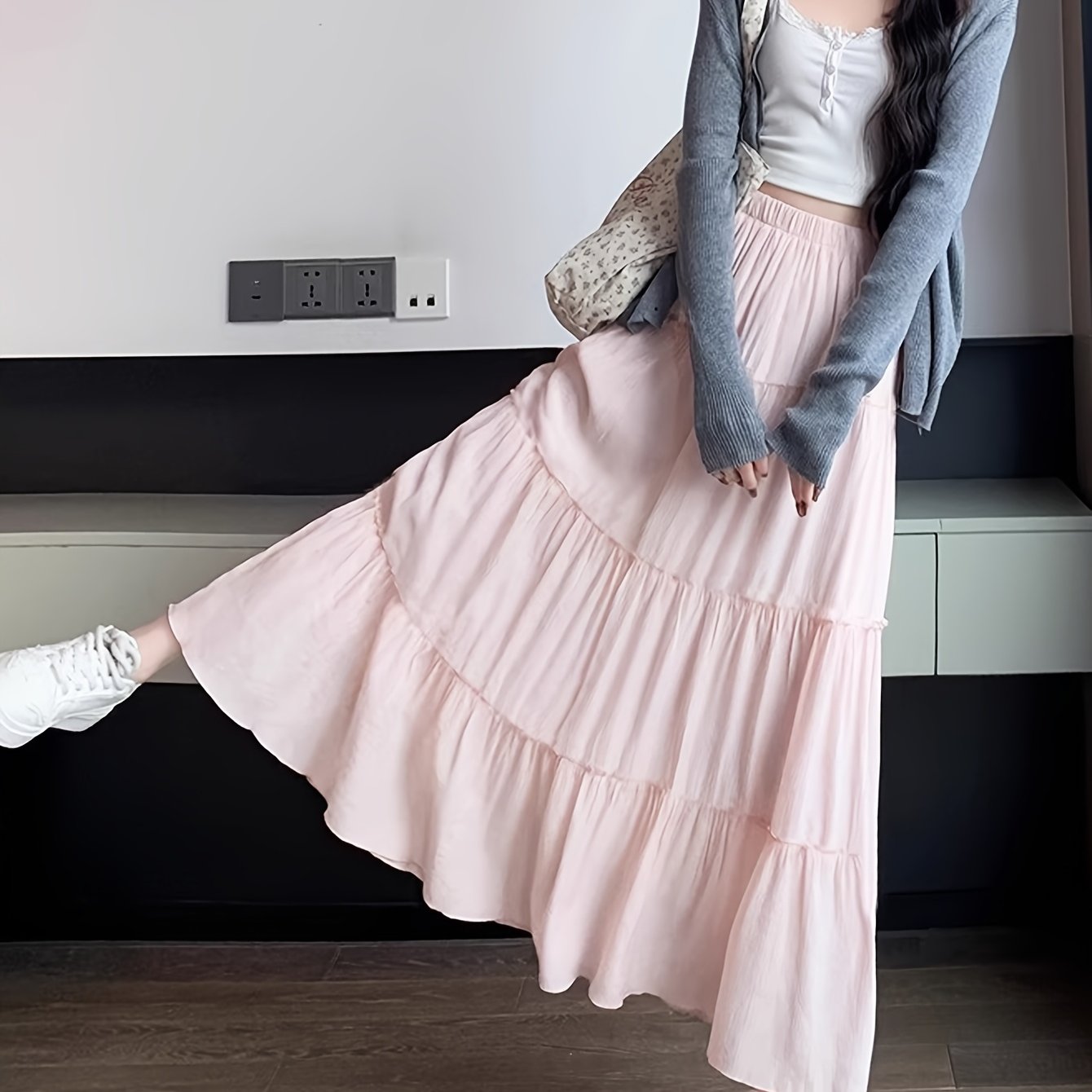 White French Long Skirt for Women Elastic Waist A-Line Casual Maxi Skirt