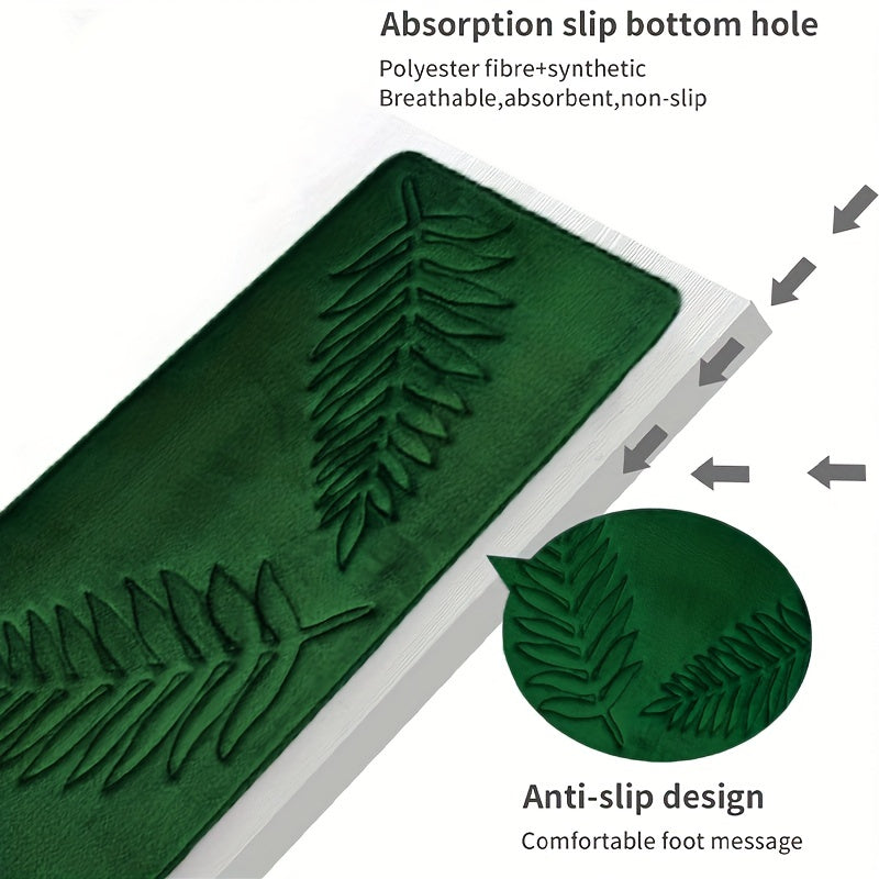 Green Leaf Pattern Bath Rug Set with Toilet U-Shaped Mat and Shower Carpet for Bathroom and Kitchen