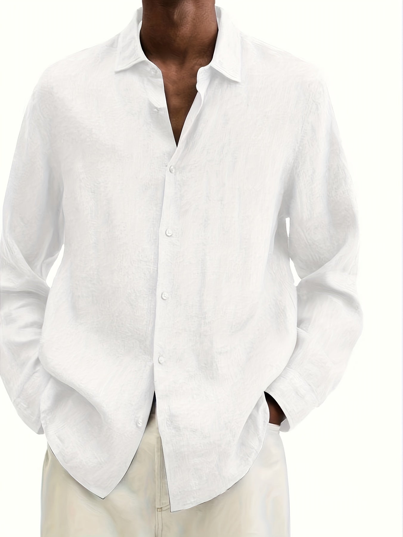 Camisa de manga larga de poliéster sólida de botones y cuello en V para hombre de tallas grandes