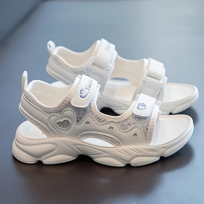 Girls Pink Glitter Sandals with Hearts and Sequin, Adjustable Straps, Soft Sole