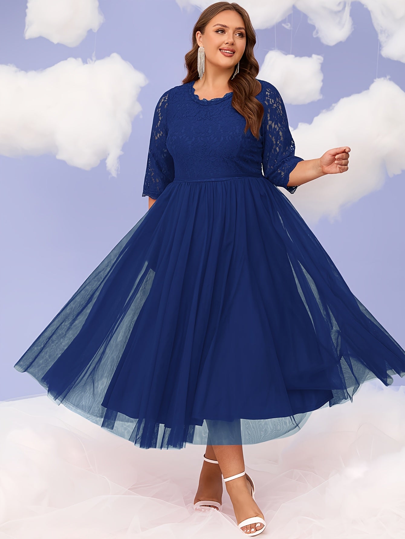 Plus Size Women's Black Lace Evening Gown Formal Party Dress Flared Hem