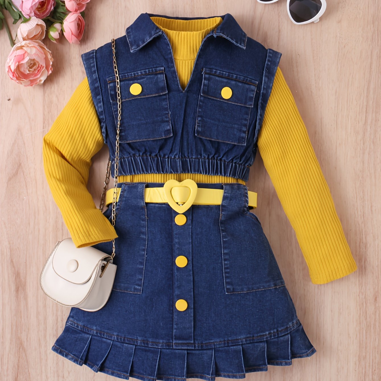 Girls' Casual Outfit Set with High Neck Long Sleeve Top Denim Vest and Pleated Knee-Length Skirt