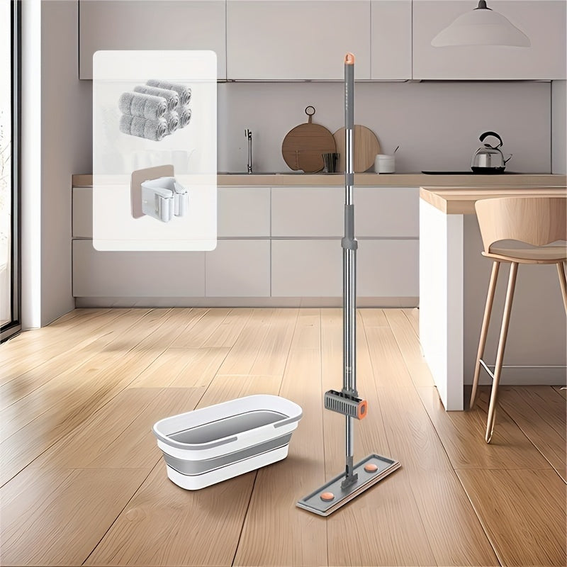 Yassi mop va bukletli kova to'plami, aylanadigan bosh va qayta ishlatiladigan mato bilan