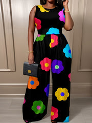 Plus Size Women's Sleeveless Floral Print Jumpsuit Black Summer Casual Easycare
