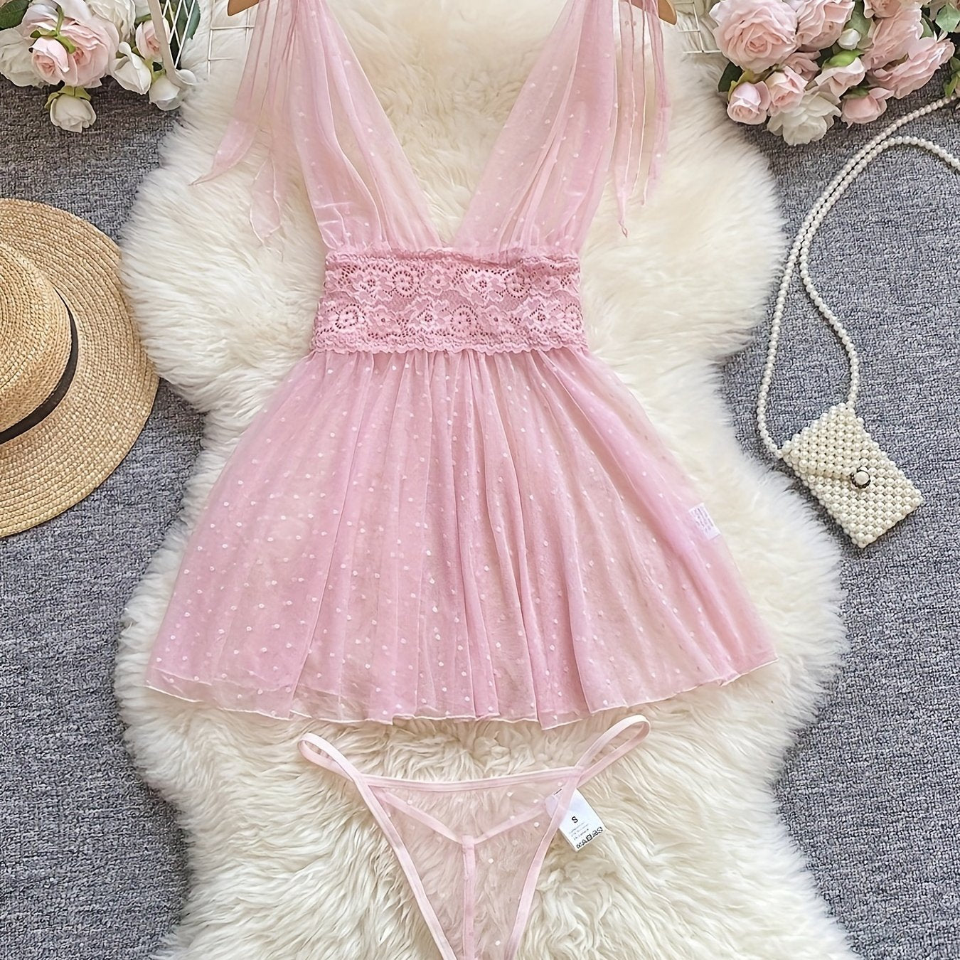 Polka Dot Mesh Dress with V-Neck Ruffle Trim Backless Thong