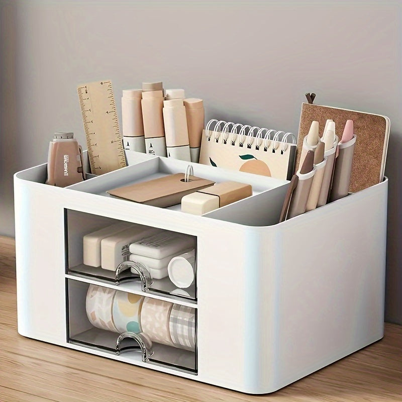 Multifunctional Desktop Organizer with Two Drawers for Office Supplies and Vanity Storage