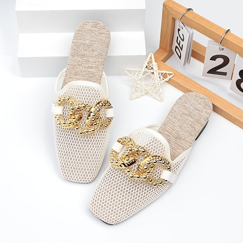 Women's Summer Slide Sandals with Chain Decoration Breathable Mesh