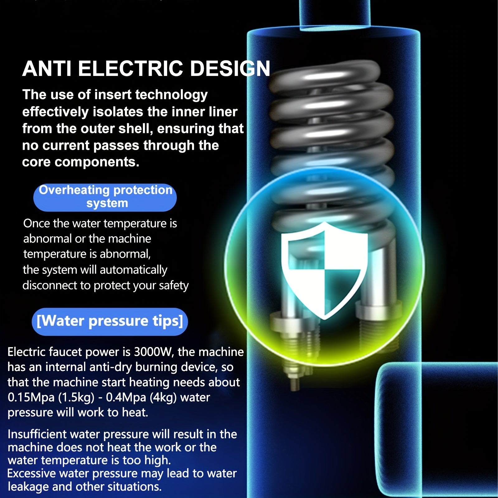 Stainless Steel Hot Water Tap with LED Display 3000W Overheat Protection Dual Hot Cold