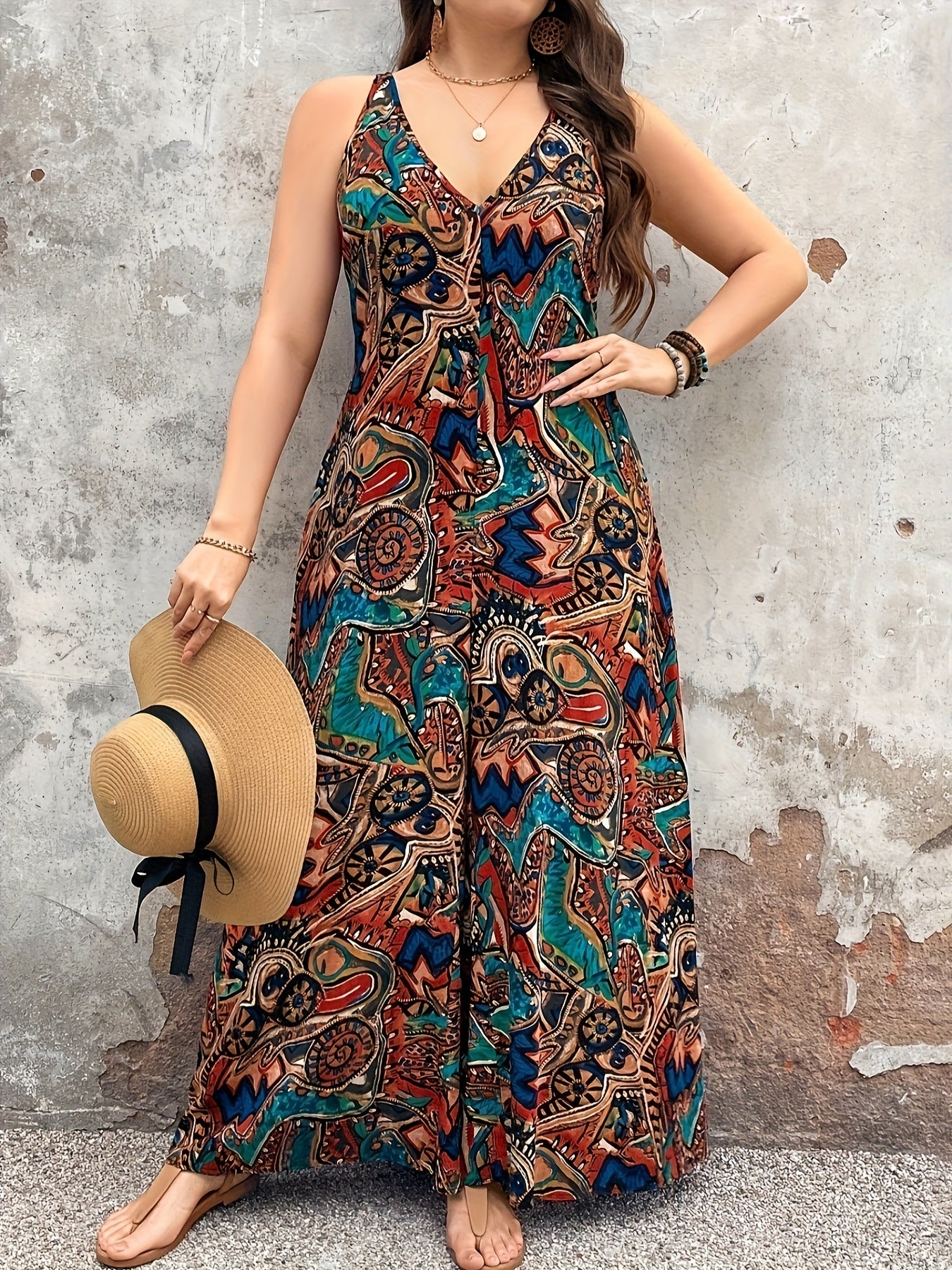 Women's Bohemian V-Neck Sleeveless Wide-Leg Jumpsuit Floral Print Casual