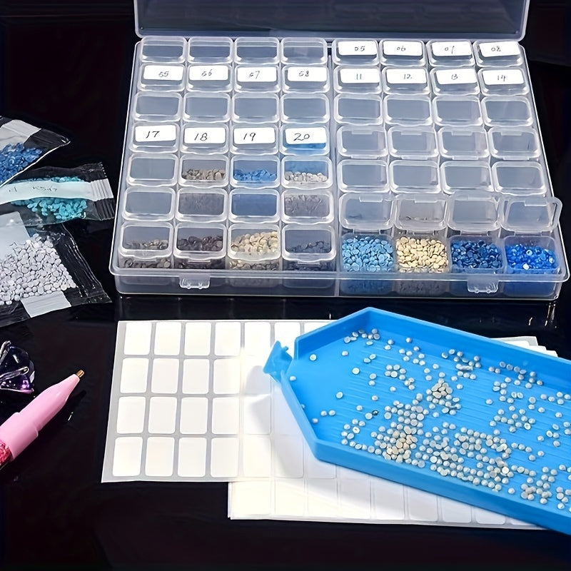 Ochiq plastmassa zargarlik buyumlarini tashkil qilish qutisi, olib tashlanadigan panellar bilan, bosish bilan yopiladigan, 28/56 bo'linma