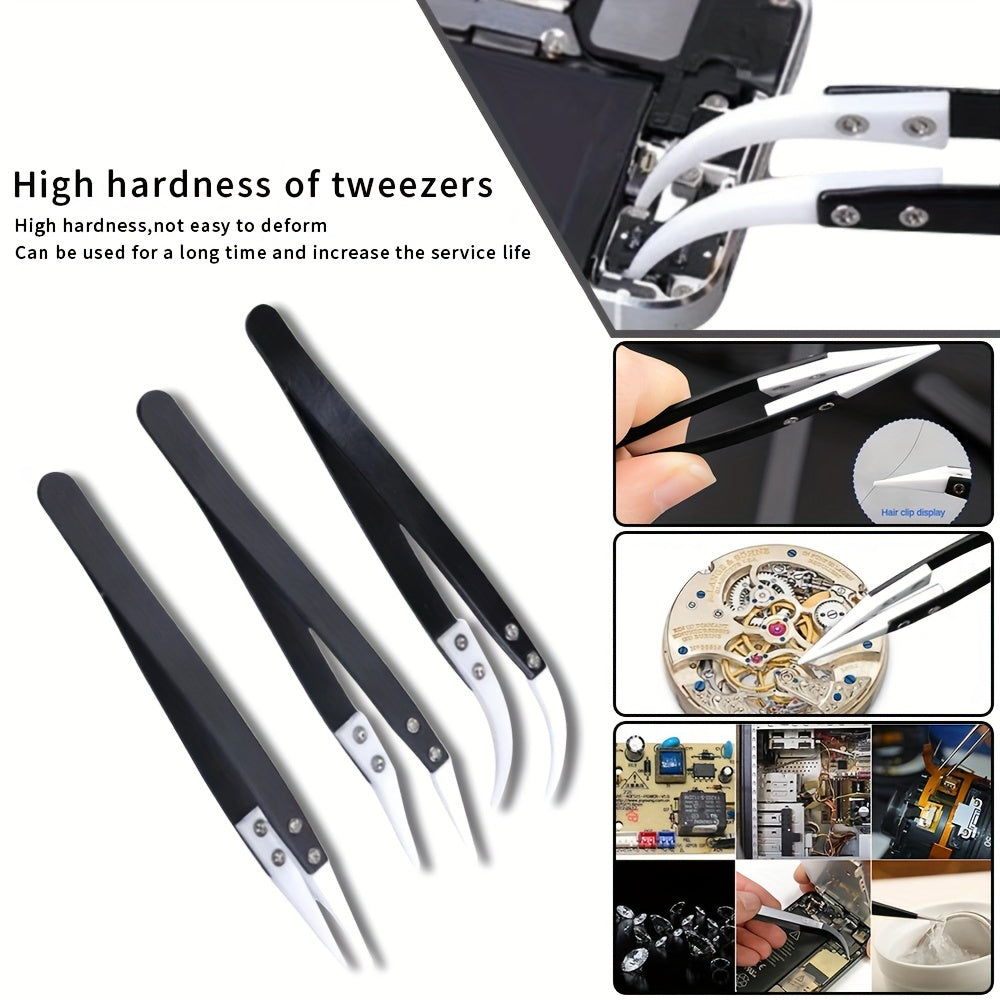 Pinzas de soldadura de cerámica para electrónica, resistentes a altas temperaturas, antiestáticas, aisladas, rectas y curvas