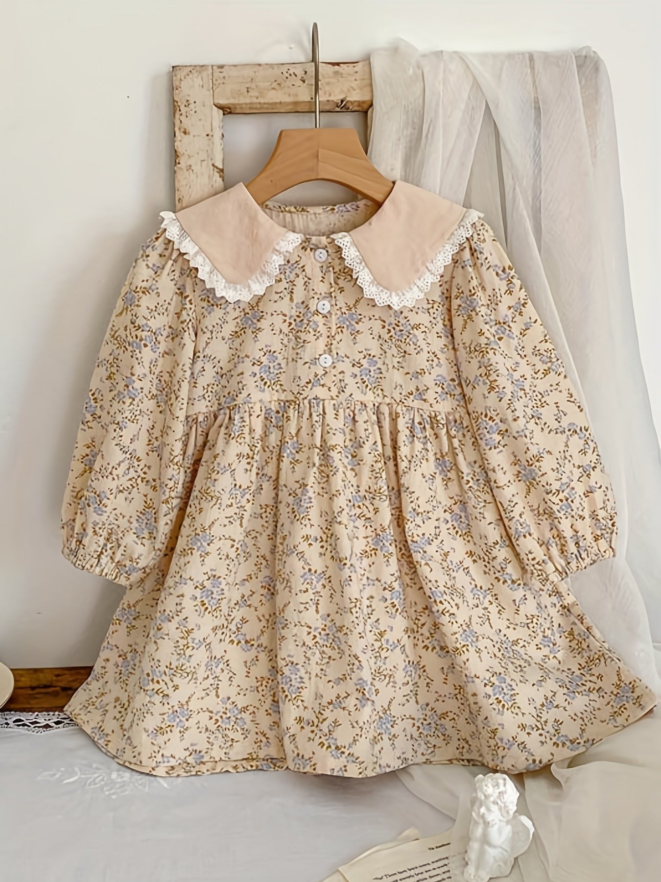 Girls' Cotton Floral Lace Long Dress with Doll Collar for Spring and Fall