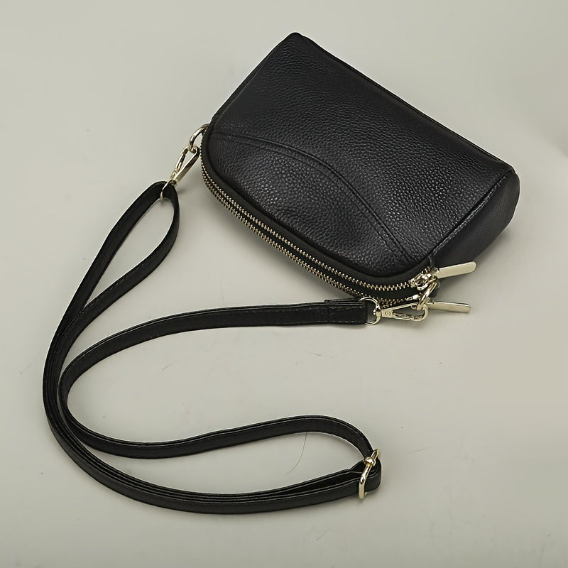 Women's Genuine Leather Crossbody Bag Solid Color Zipper Closure Adjustable Strap Polyester Lining Black White