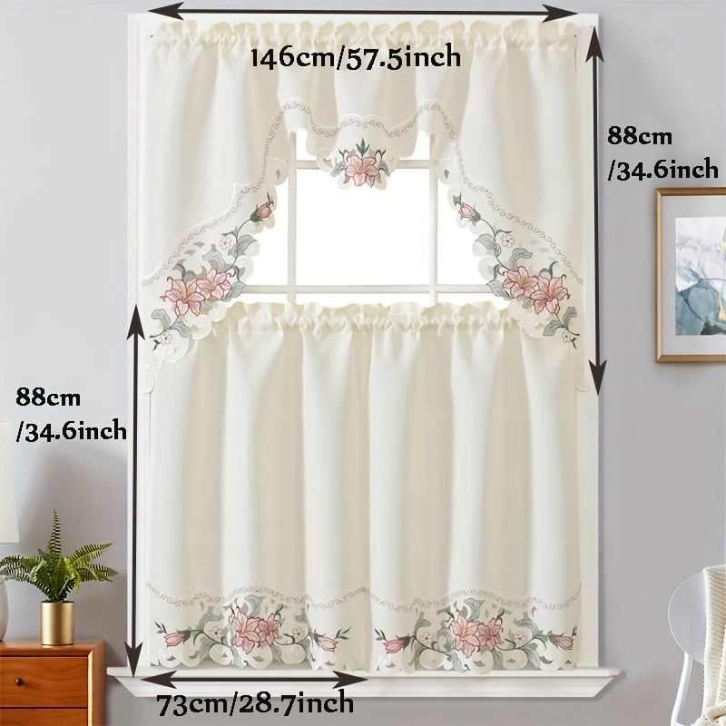 3-Piece Beige Floral Embroidered Polyester Window Curtains for Bedroom Living Room Kitchen