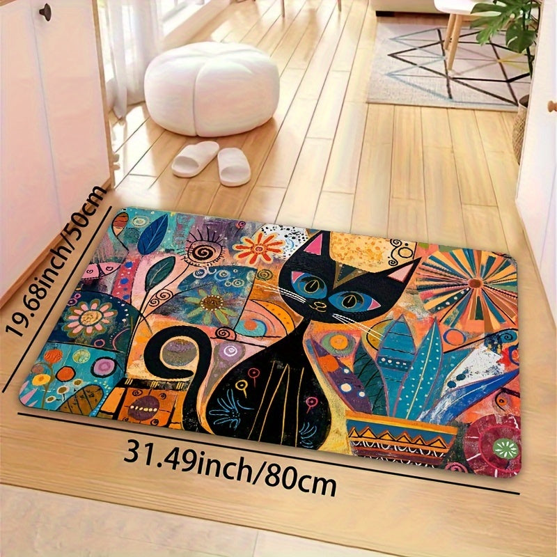 Abstract Art Cat Doormat Non-Slip Polyester Washable Entryway Rug