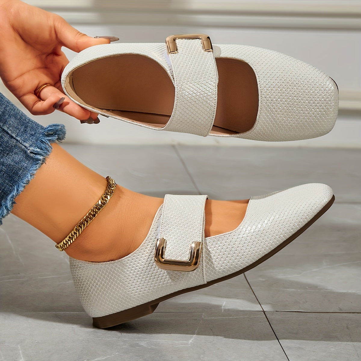 Women's Mary Jane Flats Square Toe Non-Slip Soft Sole Casual Shoes in White Beige Yellow