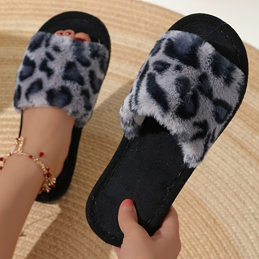 Women’s Leopard Print Plush Slippers with EVA Sole Indoor Outdoor Reliable Grip