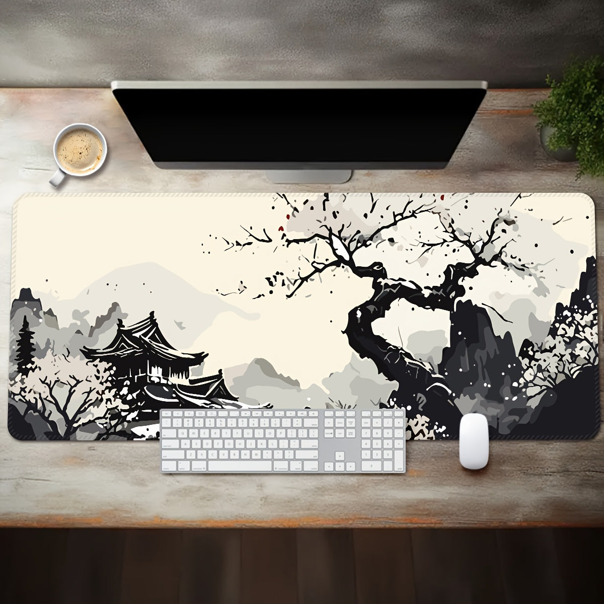 Large Gaming Mouse Pad Washable Non-Slip Rubber Desk Mat Japanese Ink Landscape Design Cherry Blossoms Mountain Scenery