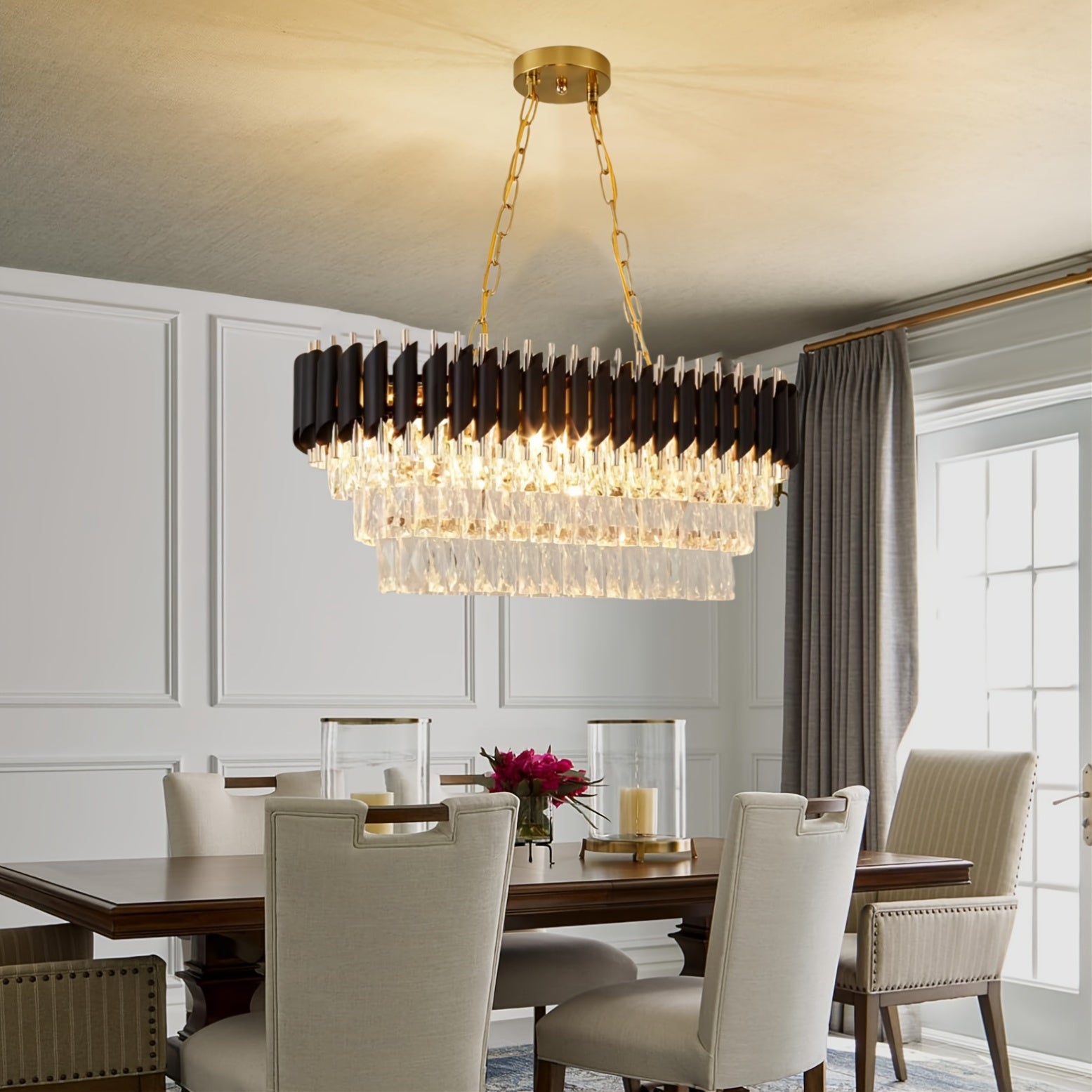 8-Chiroyli qora va oltin chandalier oshxona oroli uchun, ovqat xonasi, 32 dyuymli oval yarim yopiq o'rnatish