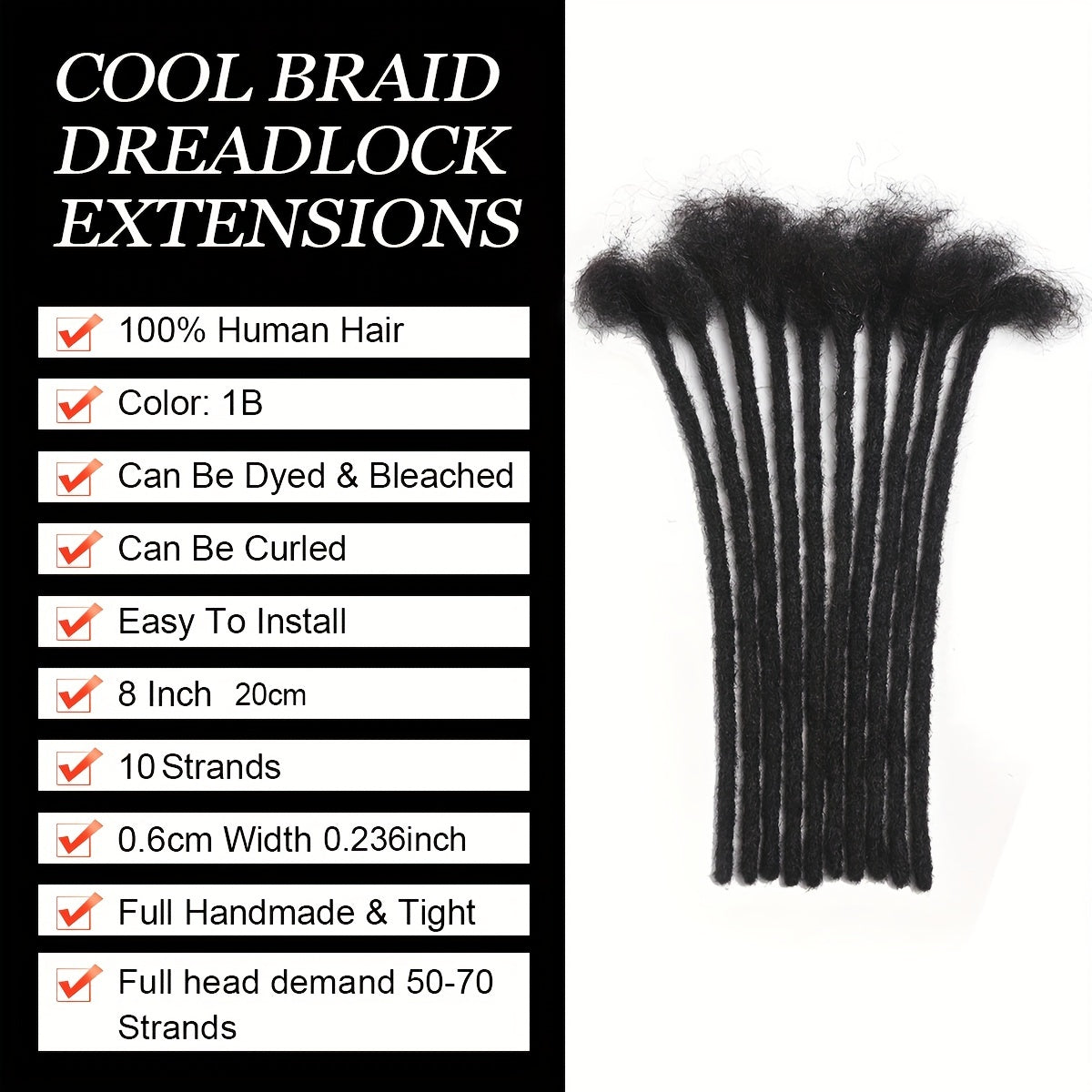 Handmade Dreadlocks Extensions 10 Strands Human Hair Dyeable Curly Twisted