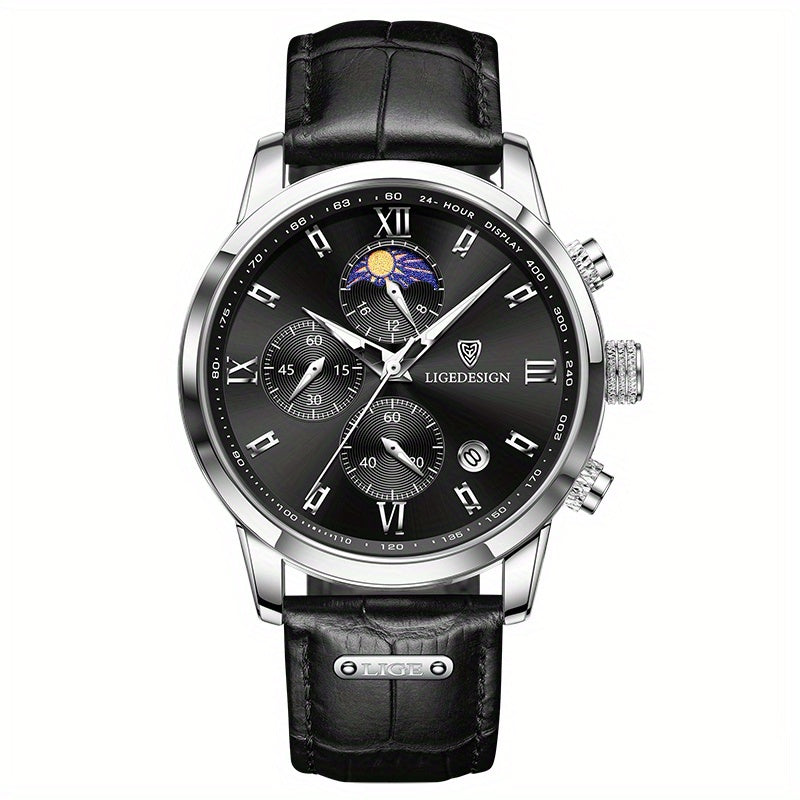 Men's PU Leather Sport Quartz Wristwatch with Chronograph for Men
