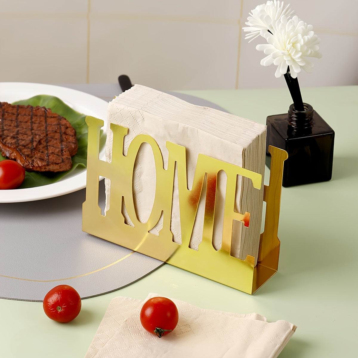 Square Metal Tissue Storage Rack with Fork and Spoon Holder for Dining Table