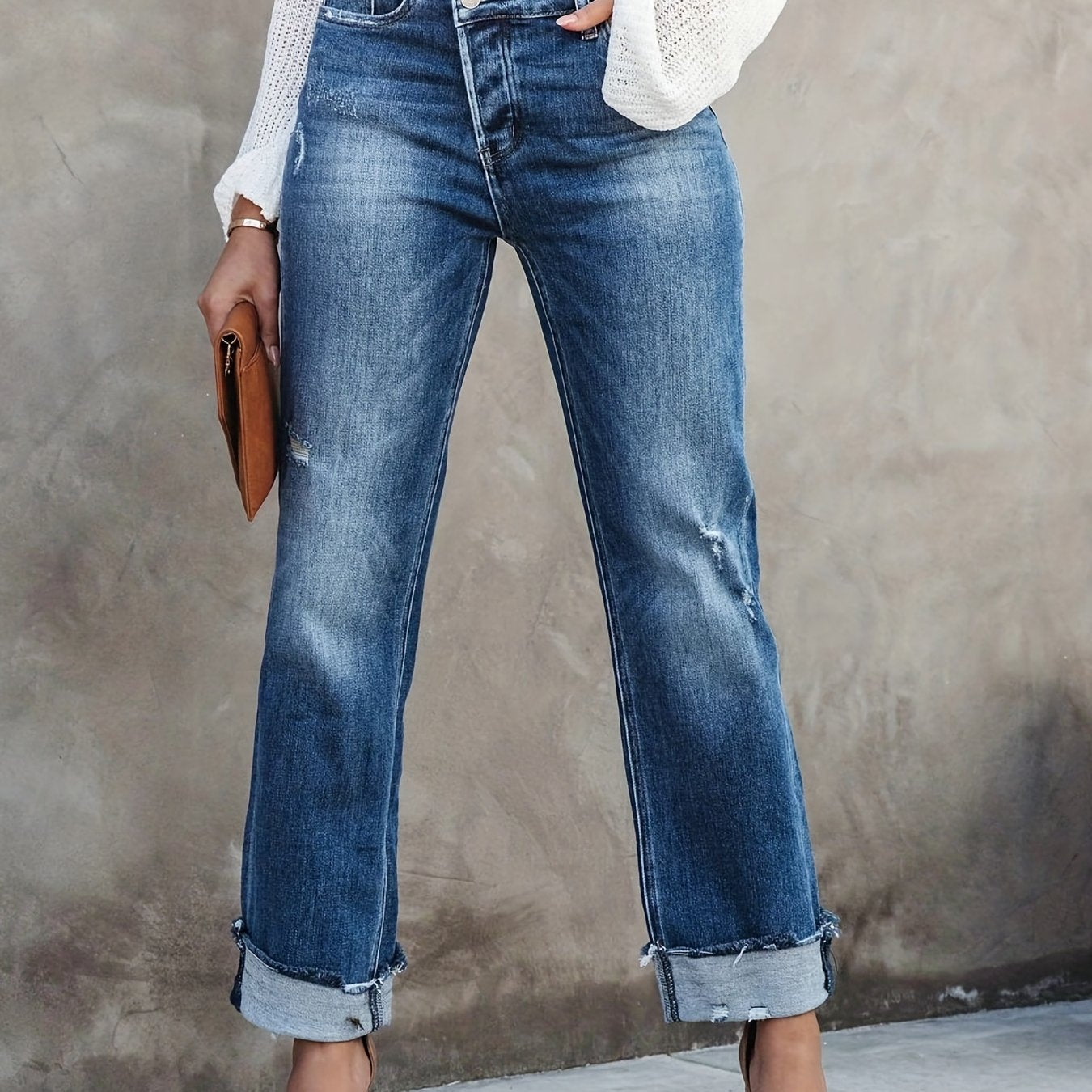 Ayollar uchun katta o'lchamdagi buzilgan yuvilgan, bukilgan krepli yengil to'g'ri chiziqli jinsi shimlar, kuz uchun