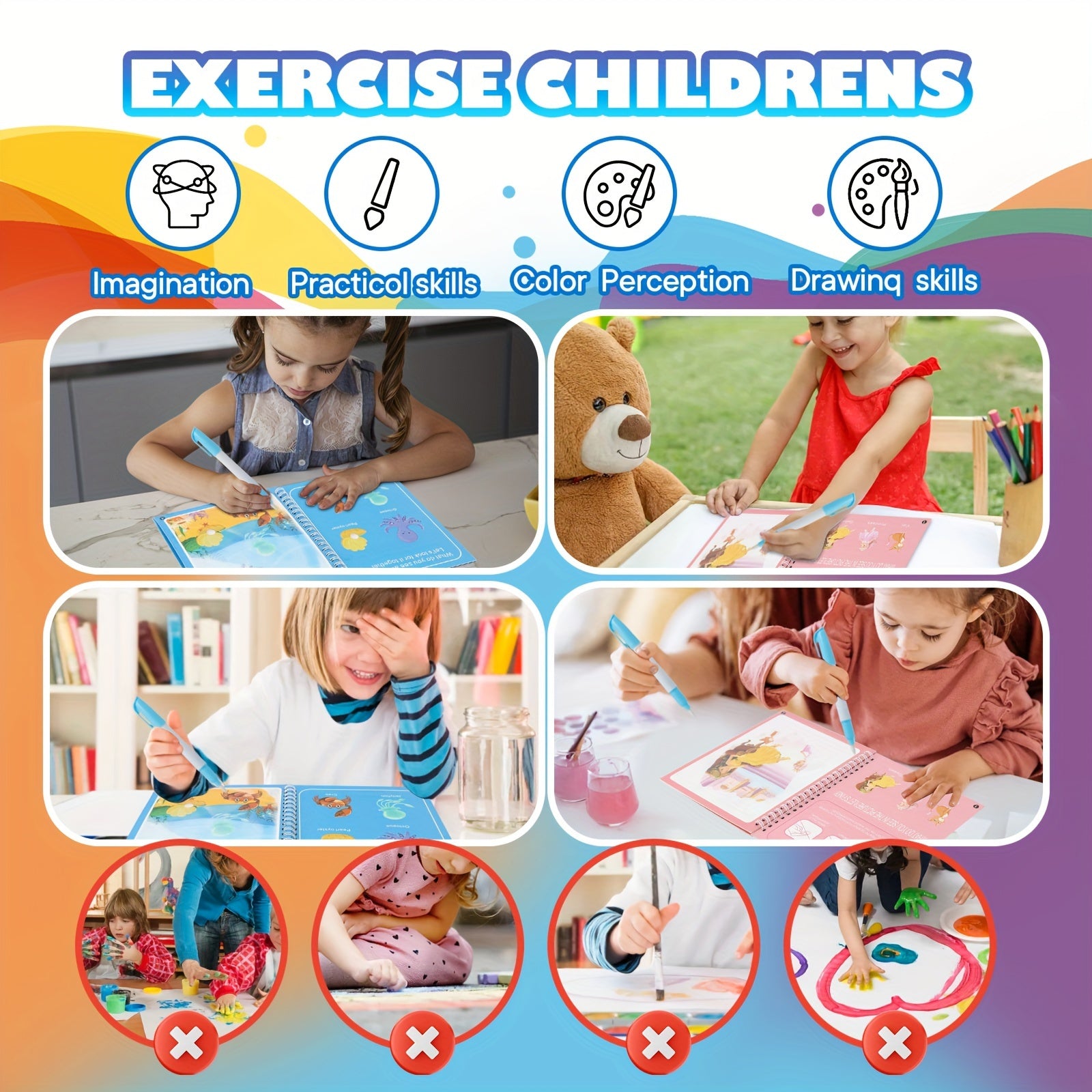 4 ta qayta ishlatiladigan suv bilan bo'yash kitobi, ko'chma va ta'lim beruvchi, uy yoki sinf muhitida rangni qabul qilishni yaxshilaydi.